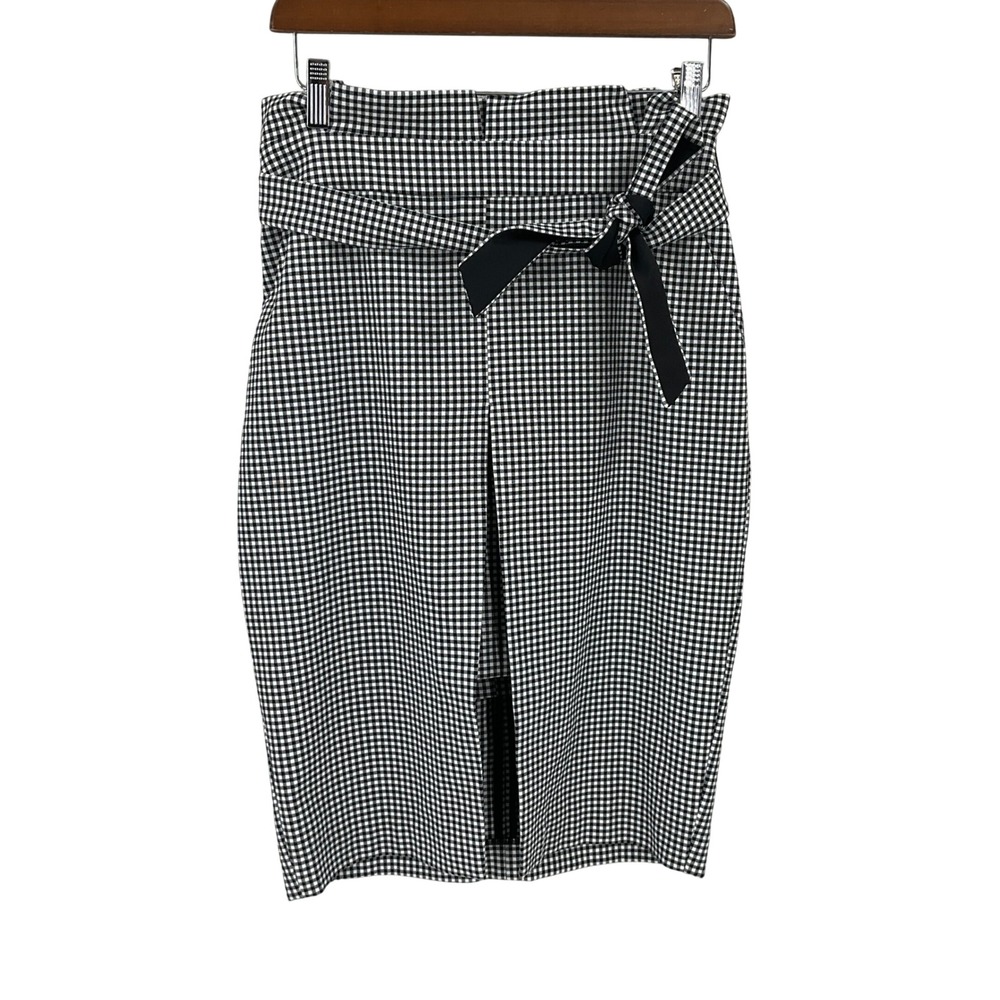 WHBM Pencil Skirt Womens 2 Black Gingham Paperbag Tie Waist Office Professional